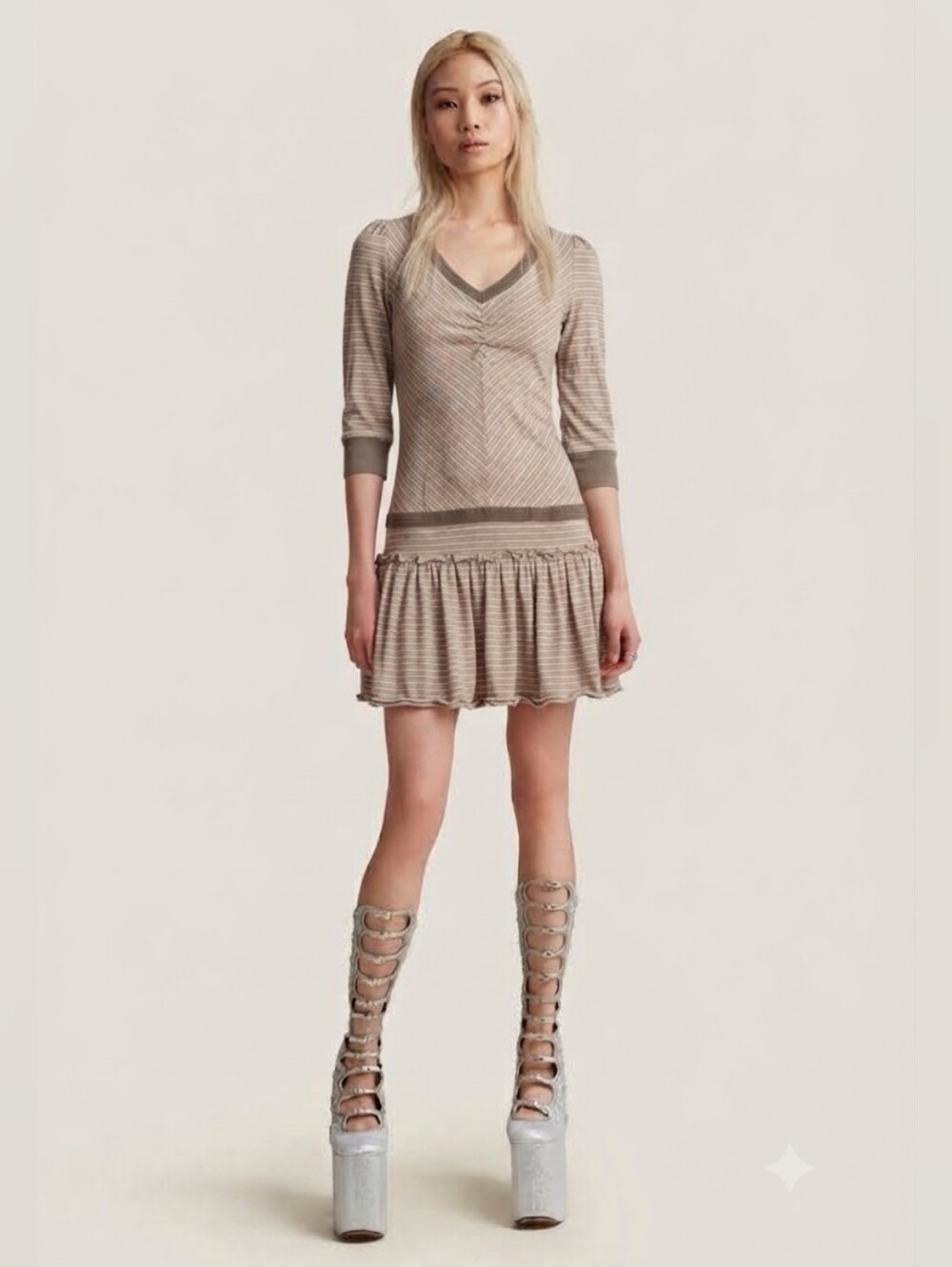 Marc Jacobs Brown Striped Knit V-neck Drop-waist Dress